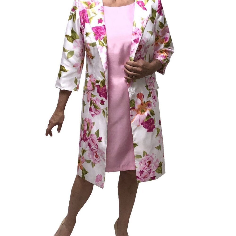 Pink Goes Good with Green! Pink Sheath Dress & Matching Floral Dressy Coat